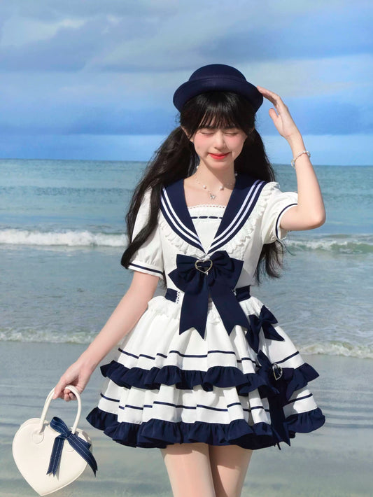 Platycodon Beach Girls Sailor Collar Navy Blue Lolita Dress