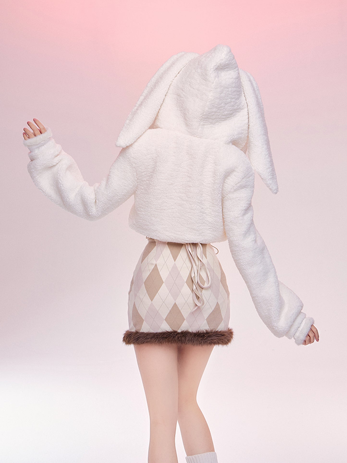 Serendipity Autumn Brown Argyle Long Sleeve Dress & White Rabbit Ears Hooded Jacket Two Piece Set