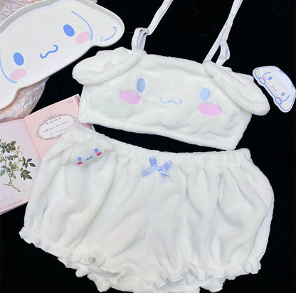 Fluffy Cinnamon Dog White Blue Lingerie Bra Panties Pajama Set