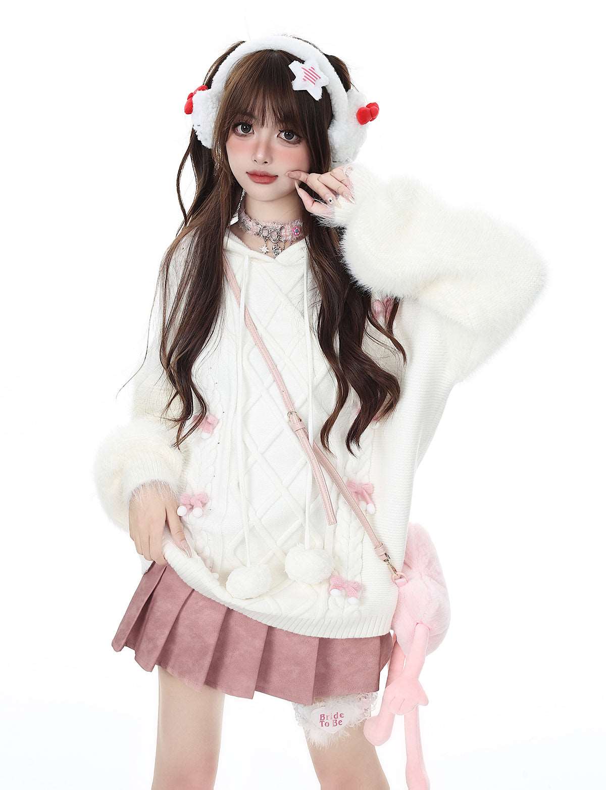 Crazy Girl Pom Pom White Bow Fuzzy Knit Autumn Winter Hoodie Sweater