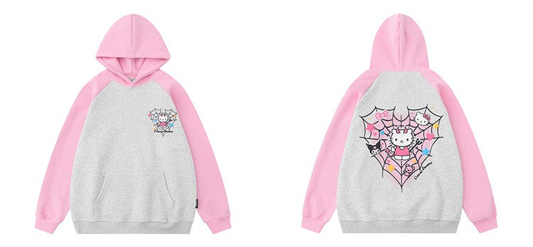 Kitty Cat Spider Web Y2K Pink Black Cartoon Print Sweatshirt Hoodie