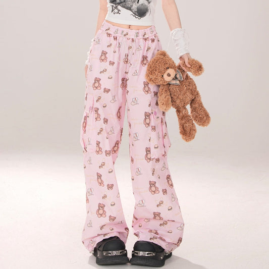 Young Eyes Cute Teddy Bear Pattern White Pink Elastic Waist Gathered Pants