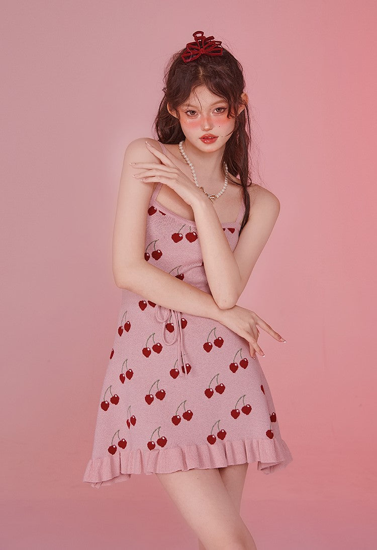 Fancy Girl Cherry Pie Pink Summer Knit Strap Dress