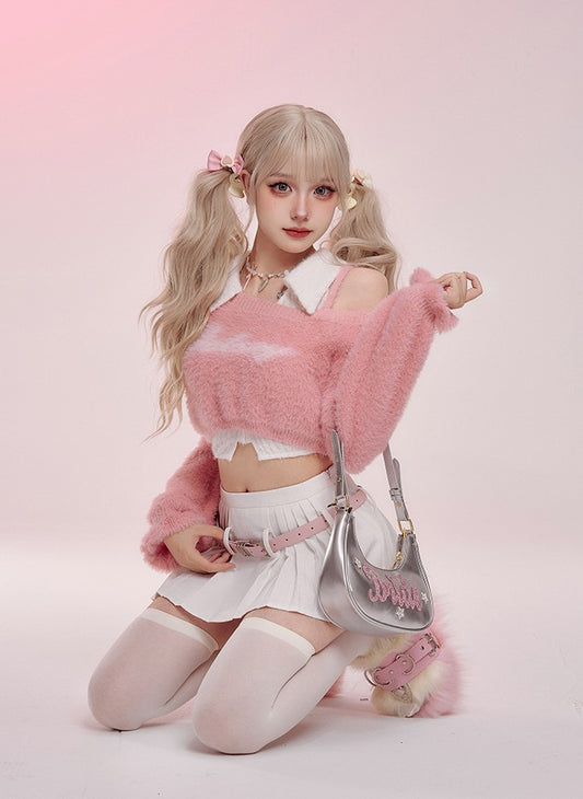 Serendipity Autumn Ice Cream Berry Fuzzy Pink Sweater & White Top & Pleated Skirt Three Piece Set