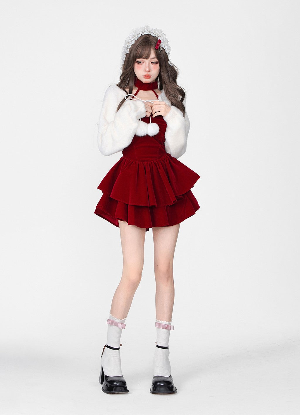 Young Eyes Winter Elf Princess Red Velvet Halter Neck Dress & Little White Jacket Two Piece Set