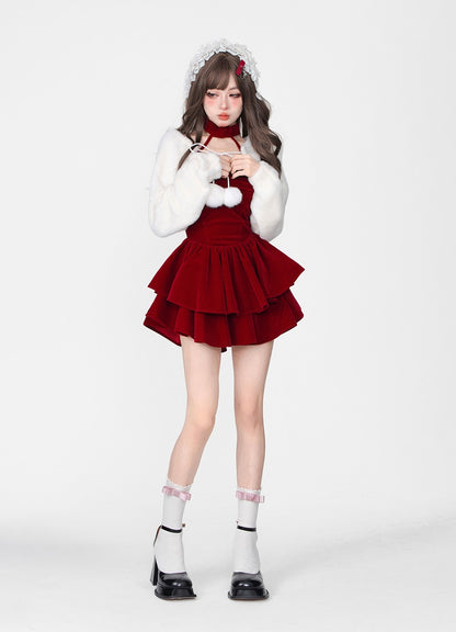 Young Eyes Winter Elf Princess Red Velvet Halter Neck Dress & Little White Jacket Two Piece Set