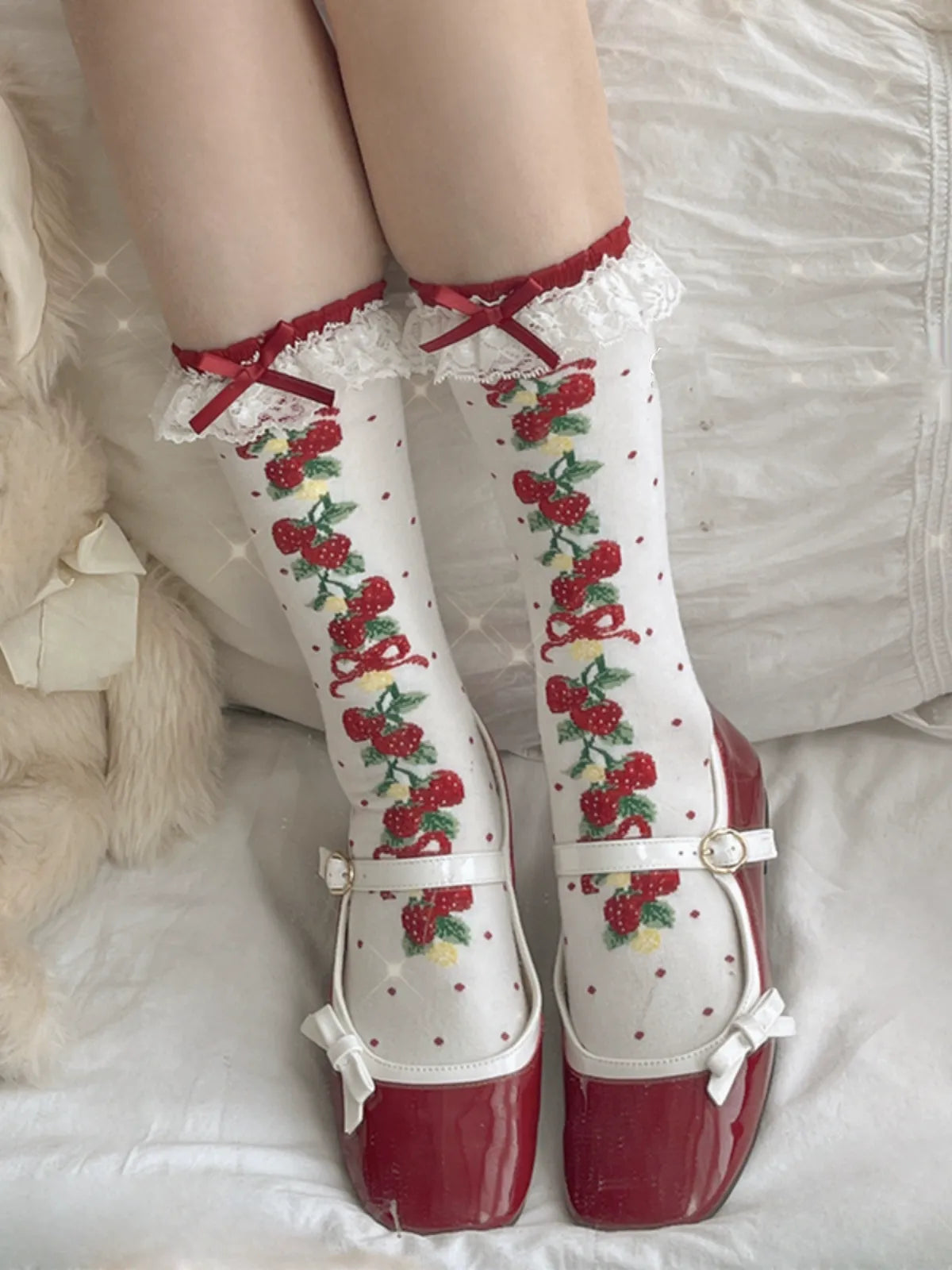 Strawberry String Pink Red Black White Lolita Socks