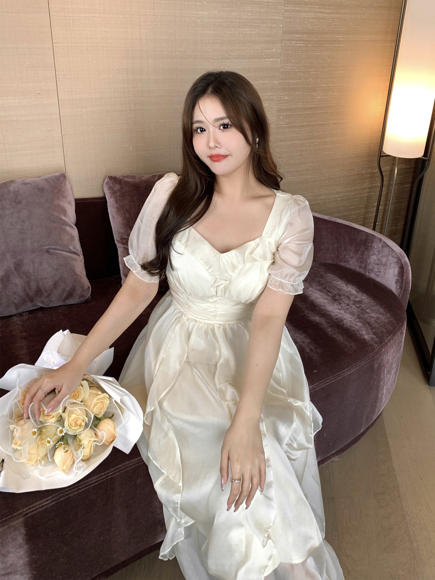 Plus Size Vintage Glow Chiffon White Beige Princess Fairy Puff Sleeve Dress