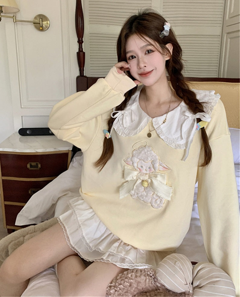 Doll Collar Cute Sheep Big Bow Embroidery Yellow Sweatshirt