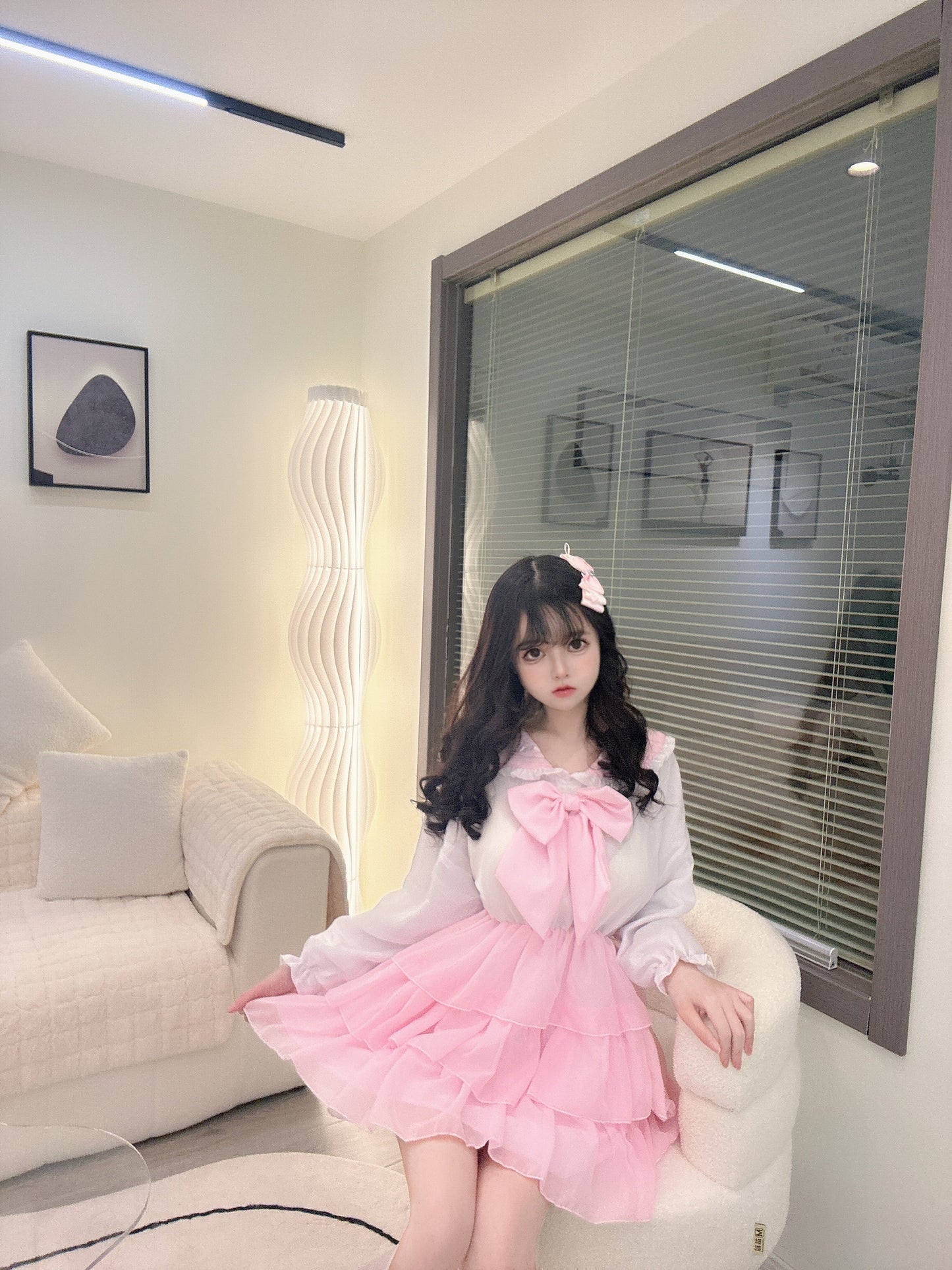 Candy Fairy Cosplay Sailor Collar Bow Sweet Ruffled Pink White Dress