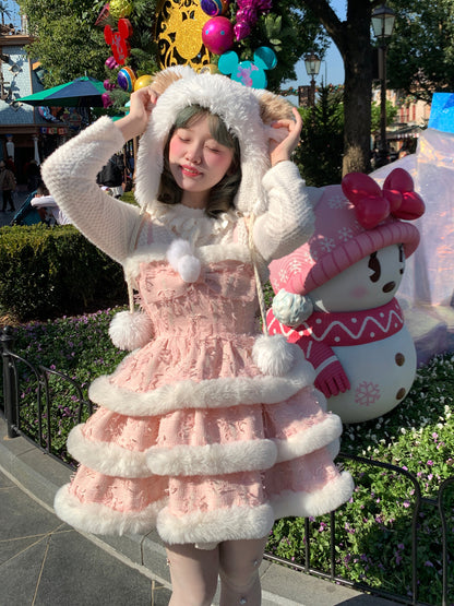 Picnic Girl Winter Sweet Sugar Blossom Pink Fur Ruffled Strap Dress