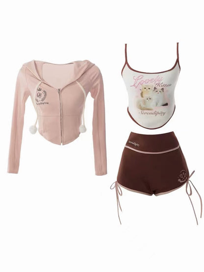 Serendipity Autumn Tennis Girl Pink Jacket & Cat Camisole & Brown Shorts Three Piece Set