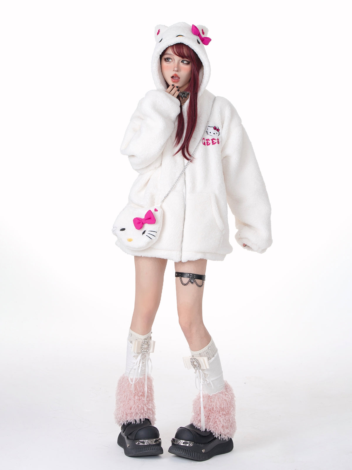 Young Eyes Cute Kitty Cat Pink Black White Y2K Plush Oversize Hoodie Jacket