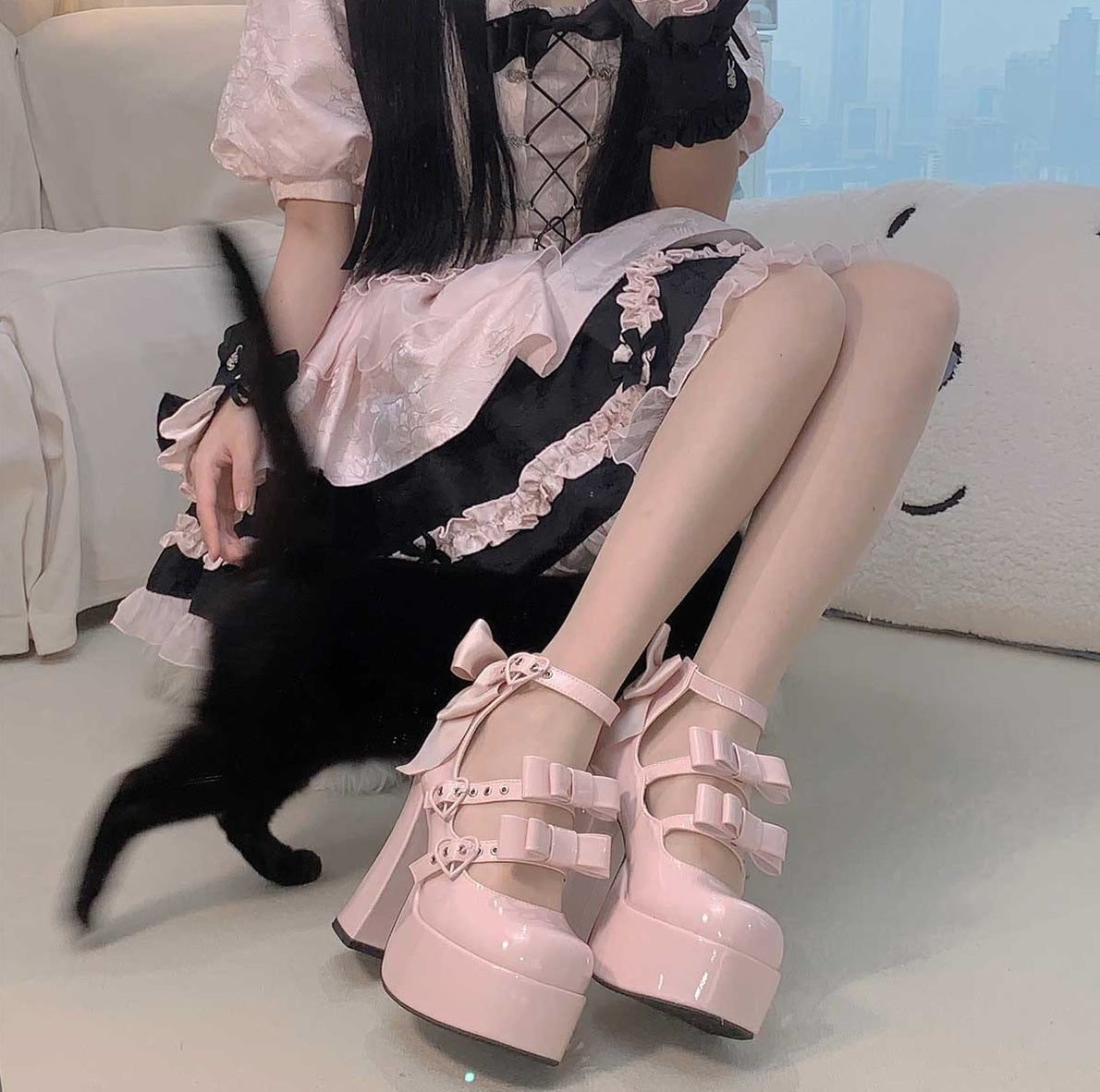 Puffy Sheep Heart Cross Bow Classic Platform Bow High Heels Shoes