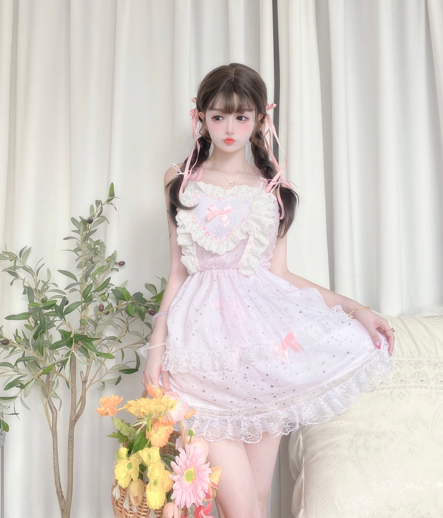 Candy Fairy Coquette Sweet Girl Heart Pink Strap Ruffled Dress