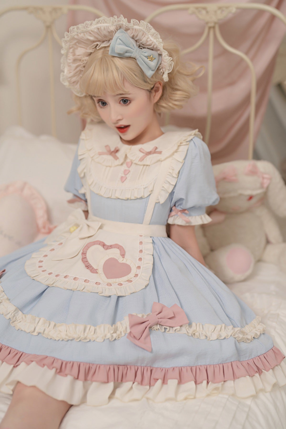 Lolita Pastel Blue Pink Maid Apron Puff Sleeve Princess Dress