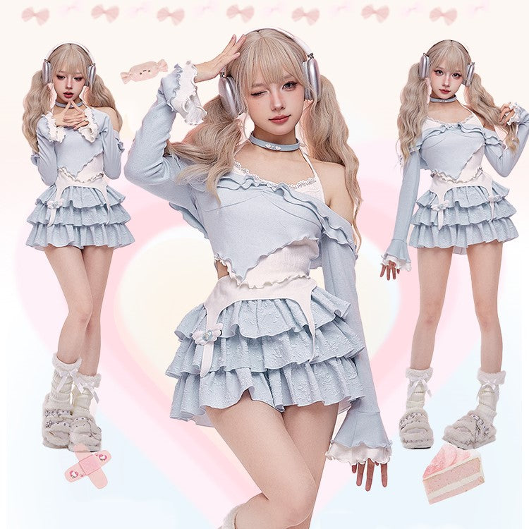 Serendipity Sea Salt Ruffled Pastel Blue Shirt Top & Skirt Two Piece Set