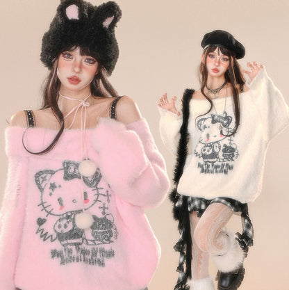 Young Eyes Cupid Kitty White Pink Off Shoulder Fuzzy Sweater