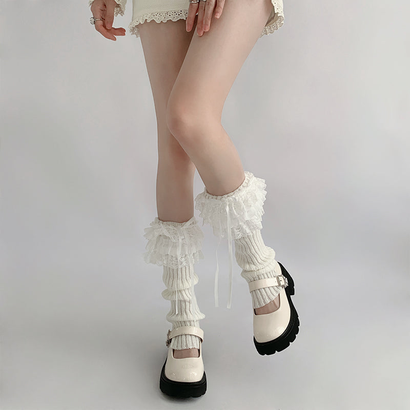 Night Classroom Lace Knit White Leg Warmers