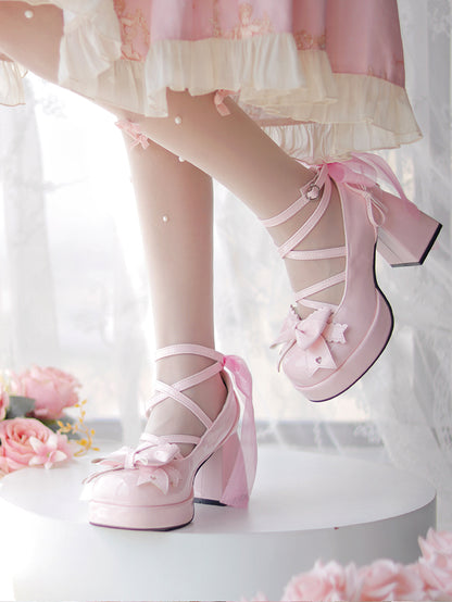 Love Song Confession Lolita Black White Pink Blue Bow High Heels Shoes