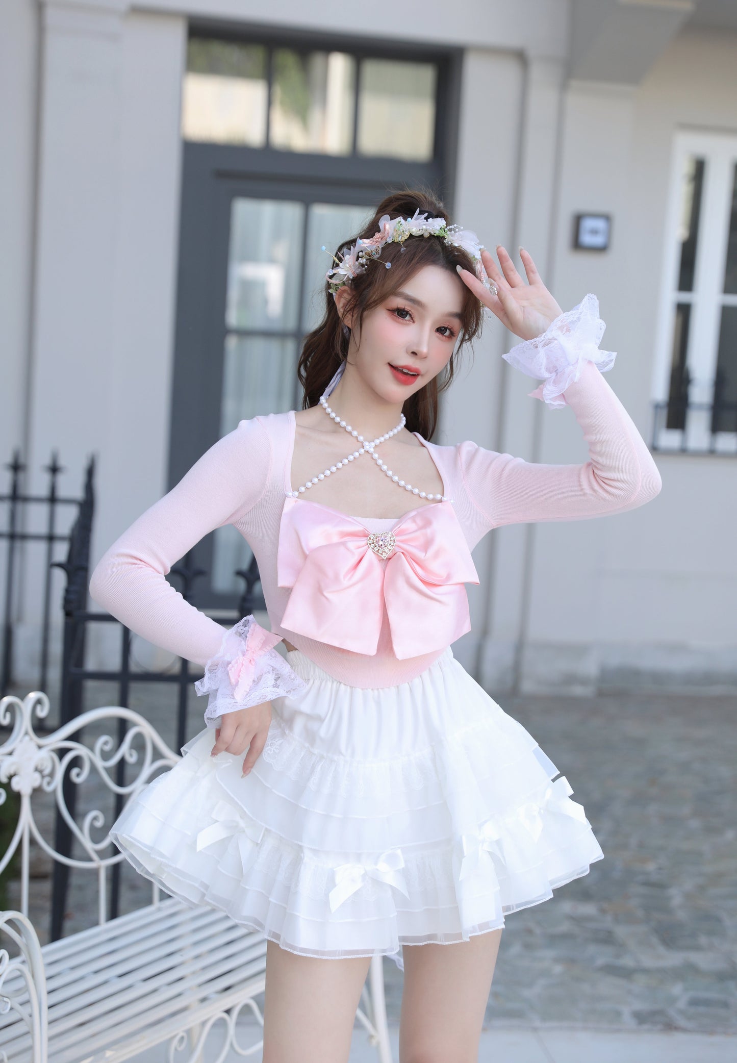 Sweetheart Princess Halter Neck Bow Pink White Black Knit Sweater Top