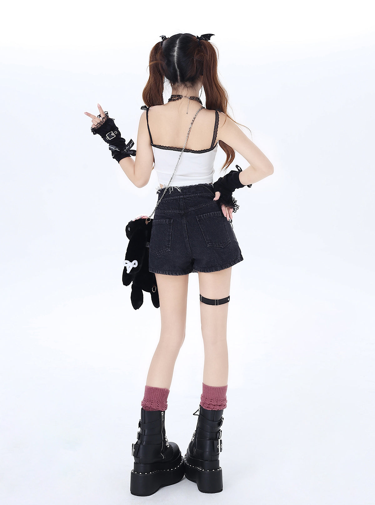 Crazy Girl Spicy Heart Y2K Pink Black Denim Short Skirt