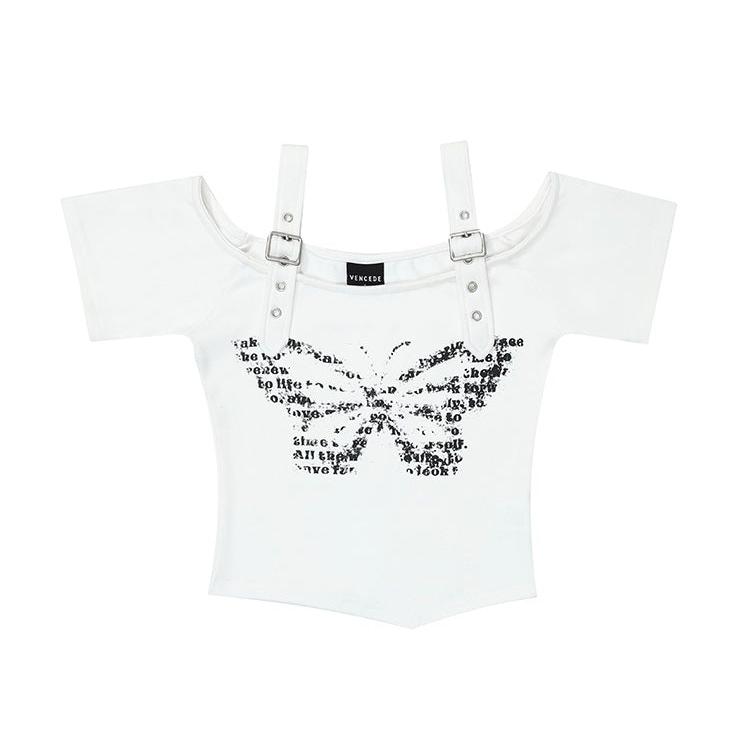 Crazy Girl Butterfly Print Black & White Strap Top