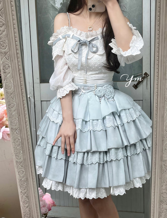 Lolita Flower Academy Princess White Top & Blue Ruffle Skirt Two Piece Set