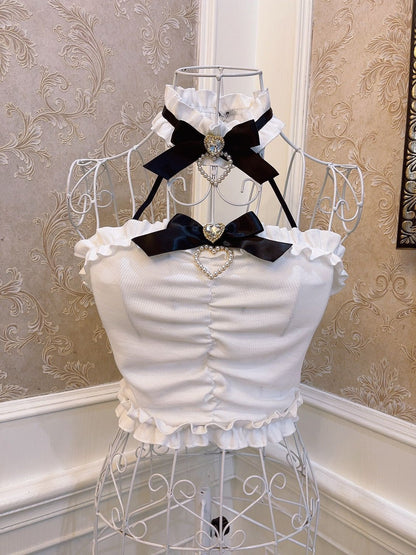 Sweetheart Princess Black & White Brooch Bow Bandeau Top