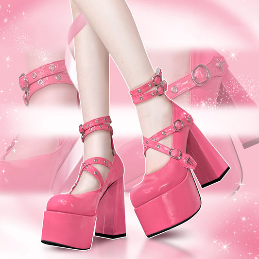 Hot Pink x Black High School Girl Straps High Heels Shoes