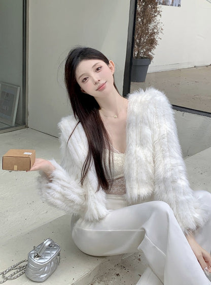 Winter Luxury Chic Faux Fur Hooded White Short Coat