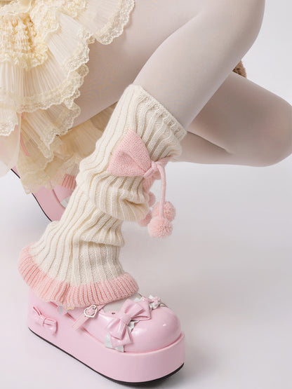 Sweet Lolita Pink Bow Pompom Balls Knit White Leg Warmers