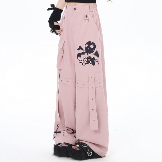 Crazy Girl Skull Workwear Pink Black Gray Baggy Elastic Pants