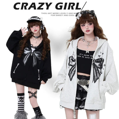 Crazy Girl Bow Street Style Gray Black Jacket Hoodie