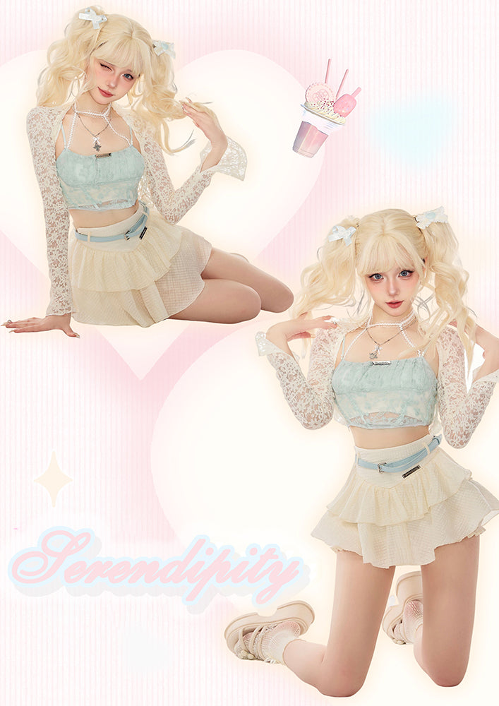 Serendipity Mint Toffee Blue Camisole & Sheer Lace Cardigan & Ruffled White Skirt Three Piece Set