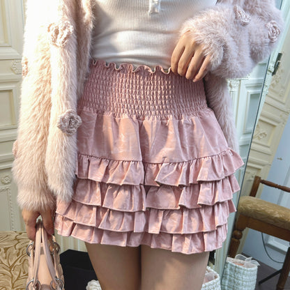 Ruellia Coquette White Camisole & Pink Ruffled Mini Skirt & Rose Faux Mink Fur Cardigan Three Piece Set