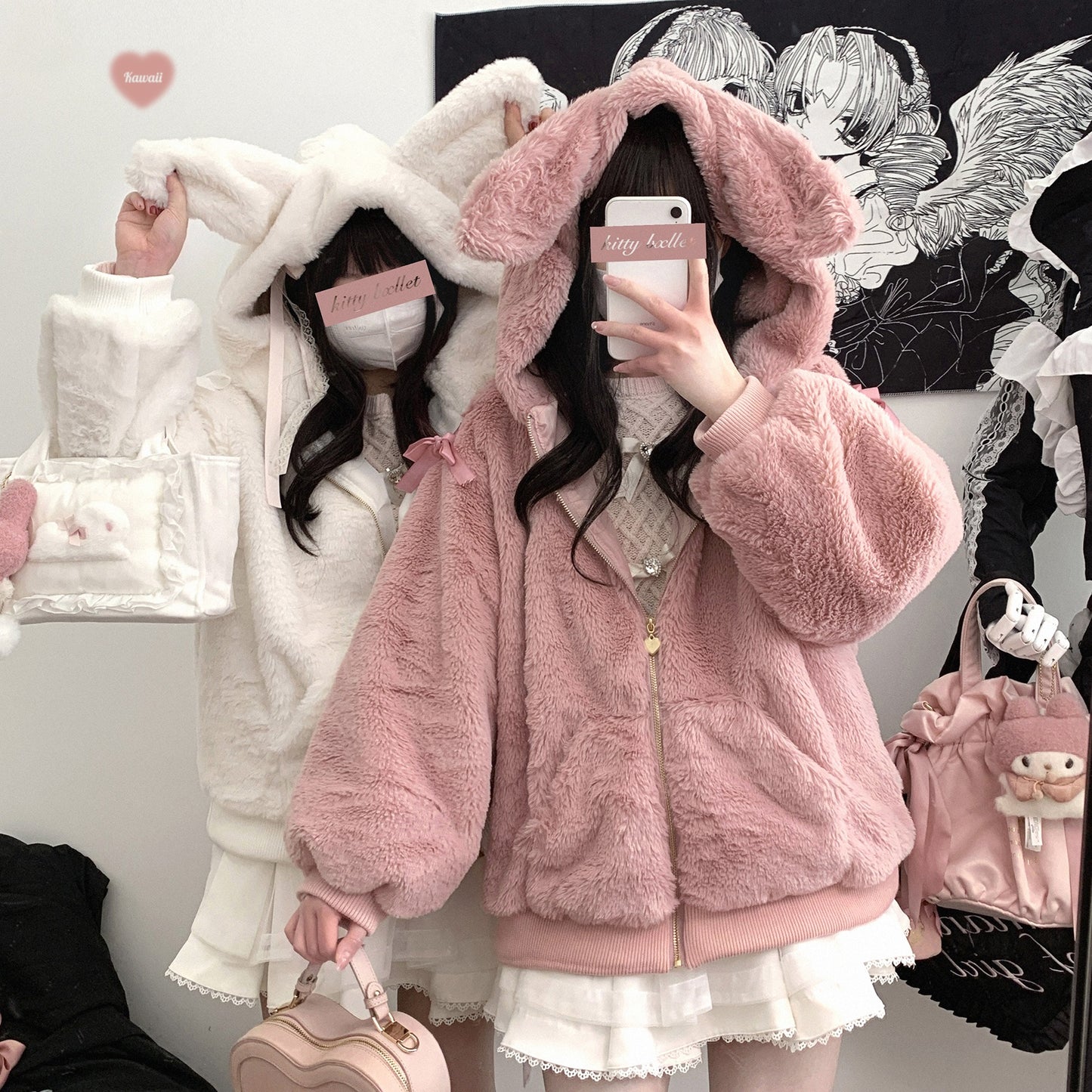 Kitten Bullet Bandage Rabbit Ears Pink White Black Hoodie Jacket