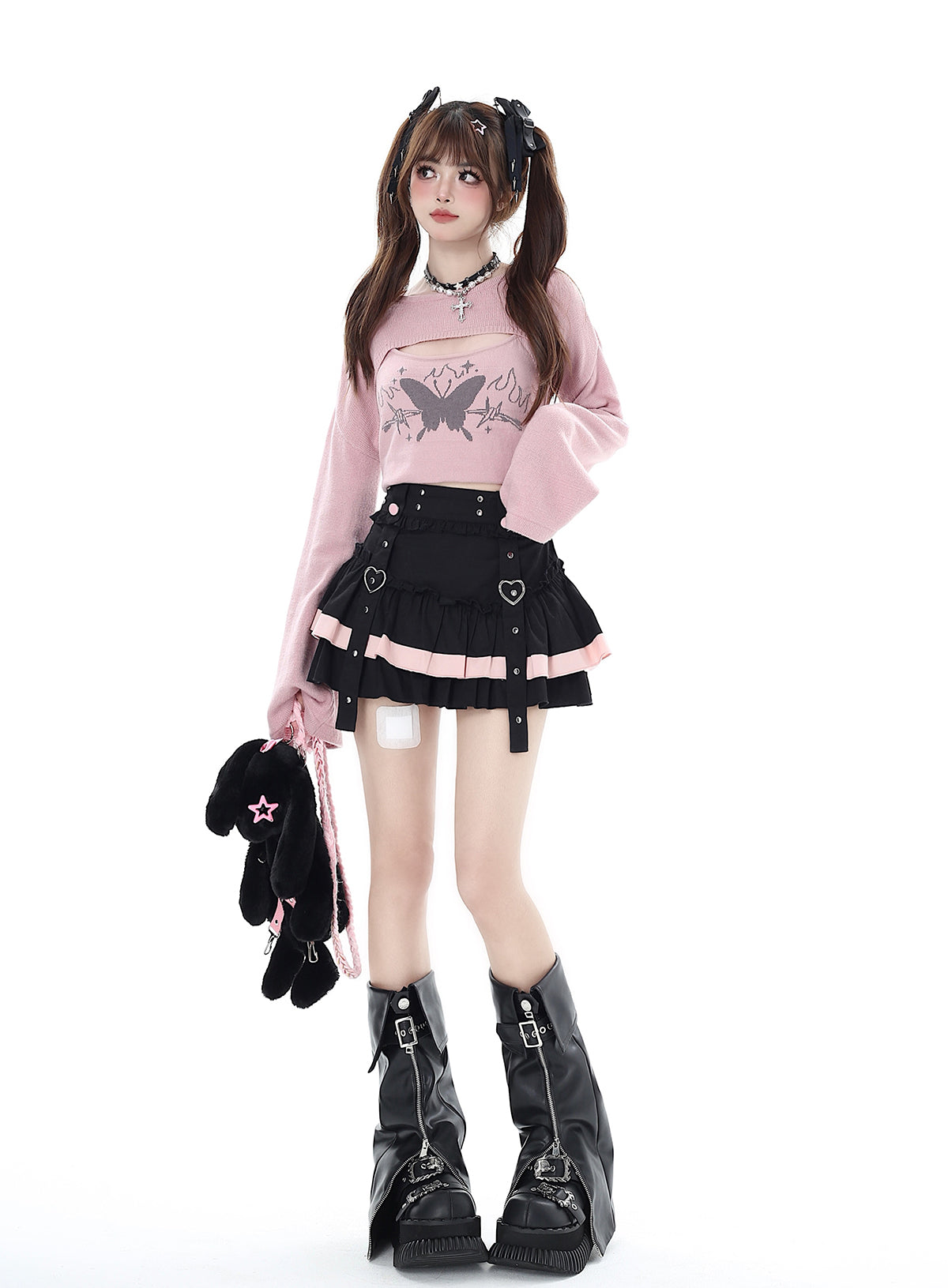 Crazy Girl Taotao Oolong Heart Black Pink Ruffle Short Skirt