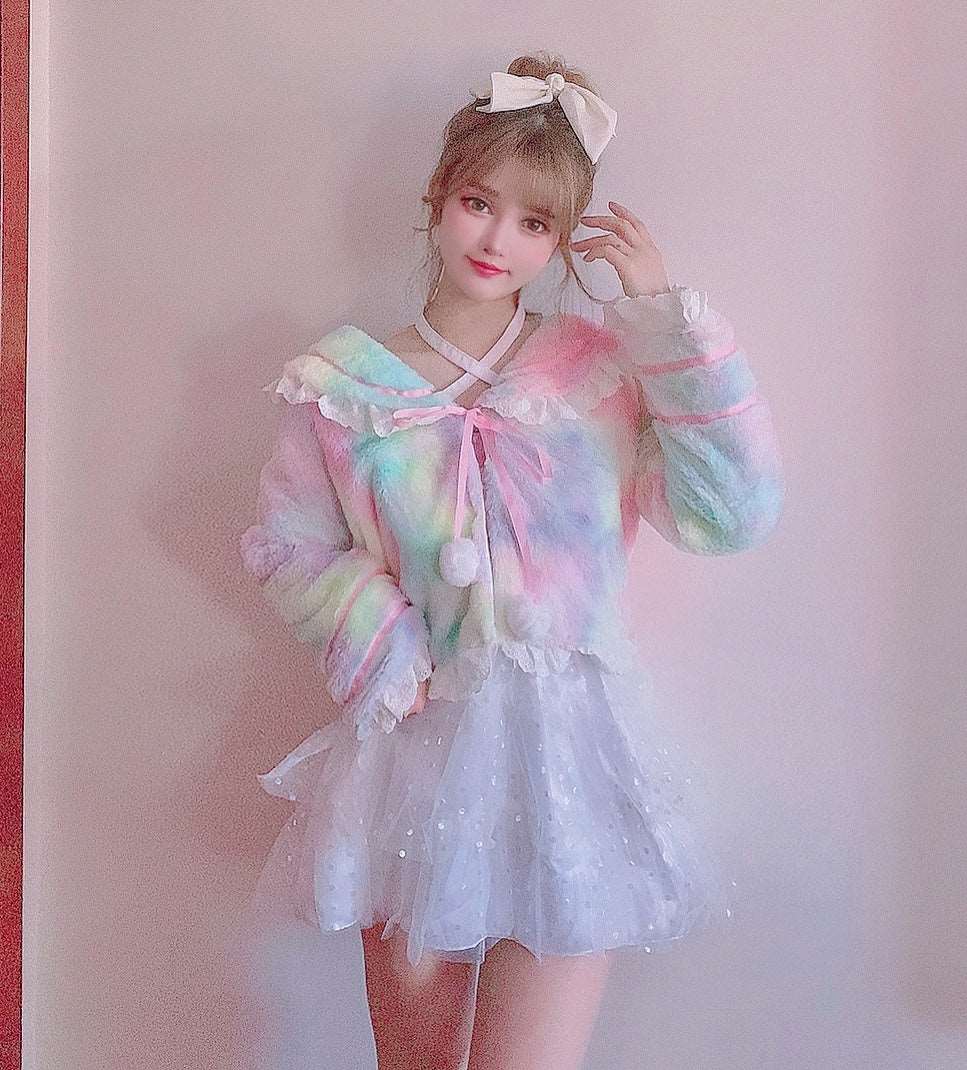 Candy Fairy Sweet Rainbow Gradient Sailor Collar Ruffled Winter Jacket