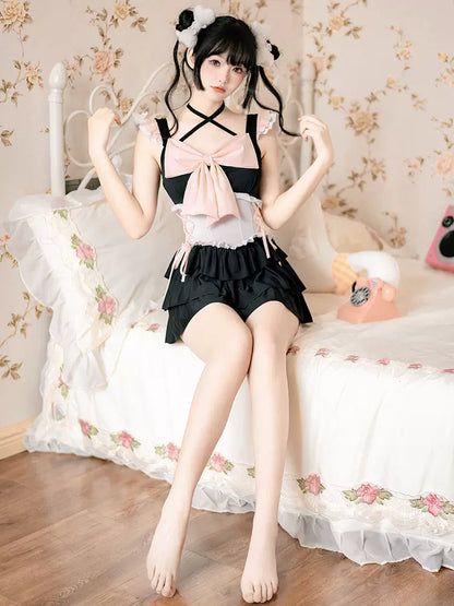 Sweetheart Bubble Black Pink Bow Onepiece Swimsuit