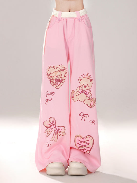 Young Eyes Y2K Cute Teddy Bear Print Cream & Pink Elastic Gathered Pants