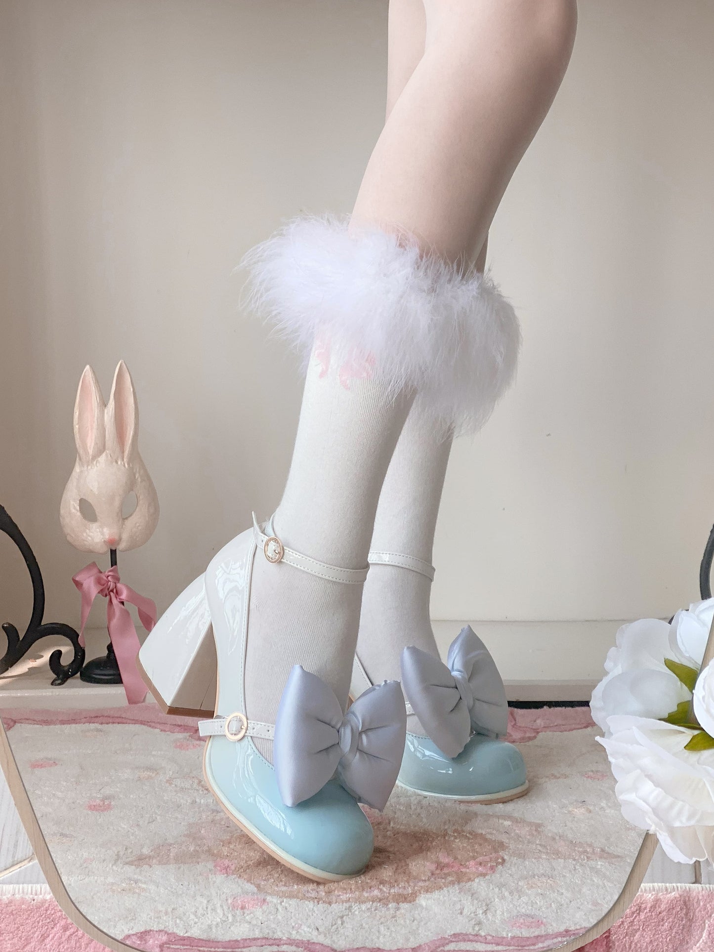 Dreamy White Tea Gradient Blush Lolita Black White Pink Blue High Heels Shoes