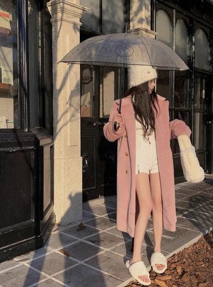 Pink Winter Velvet Mid-length Long Woolen Coat