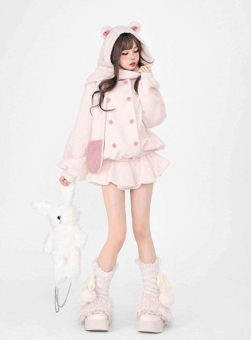 Young Eyes Winter White Soft Pink Plush Fleece Bear Hooded Scarf Jacket & Skirt Two Piece Set