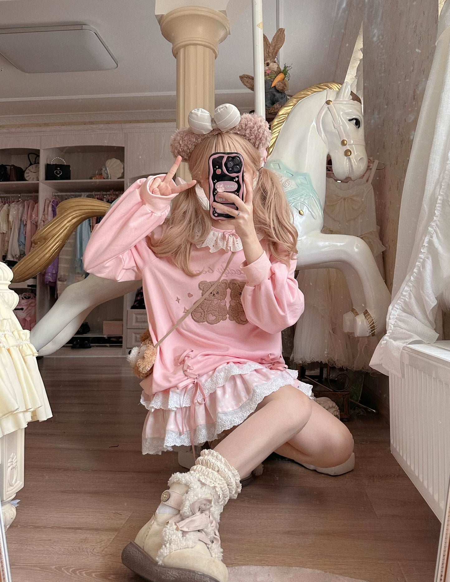 EGL Coquette Bow Ribbon Teddy Bear Pink Sweatshirt