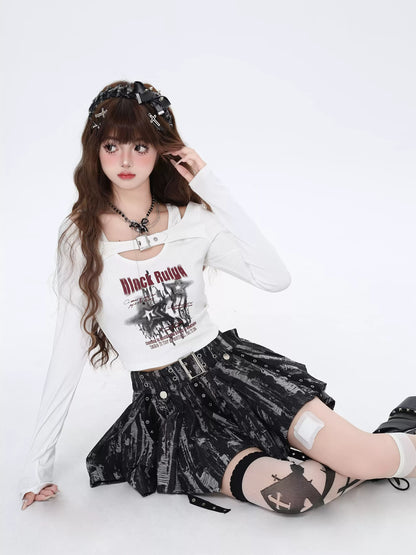 Crazy Girl Black Star Graffiti Black White Shirt Top