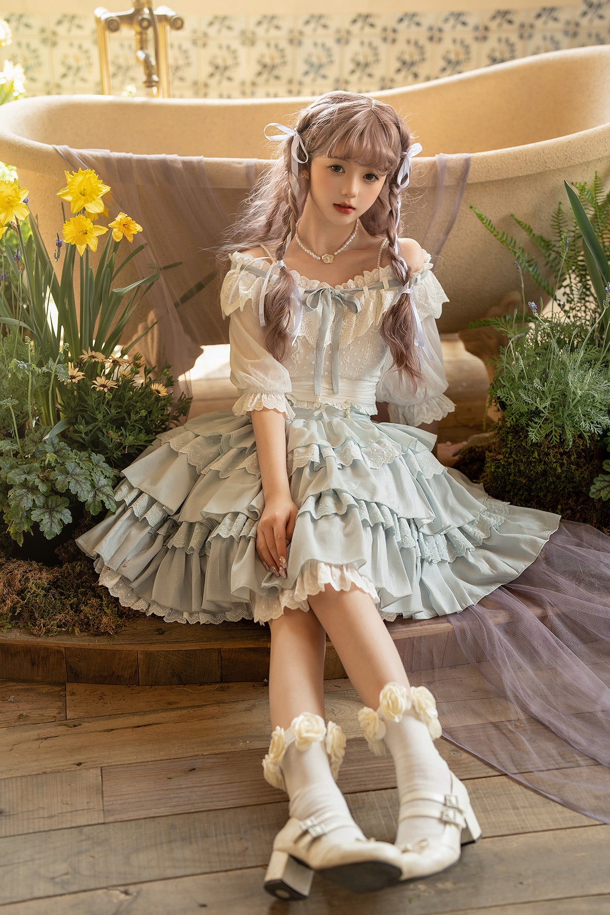 Lolita Flower Academy Princess White Top & Blue Ruffle Skirt Two Piece Set