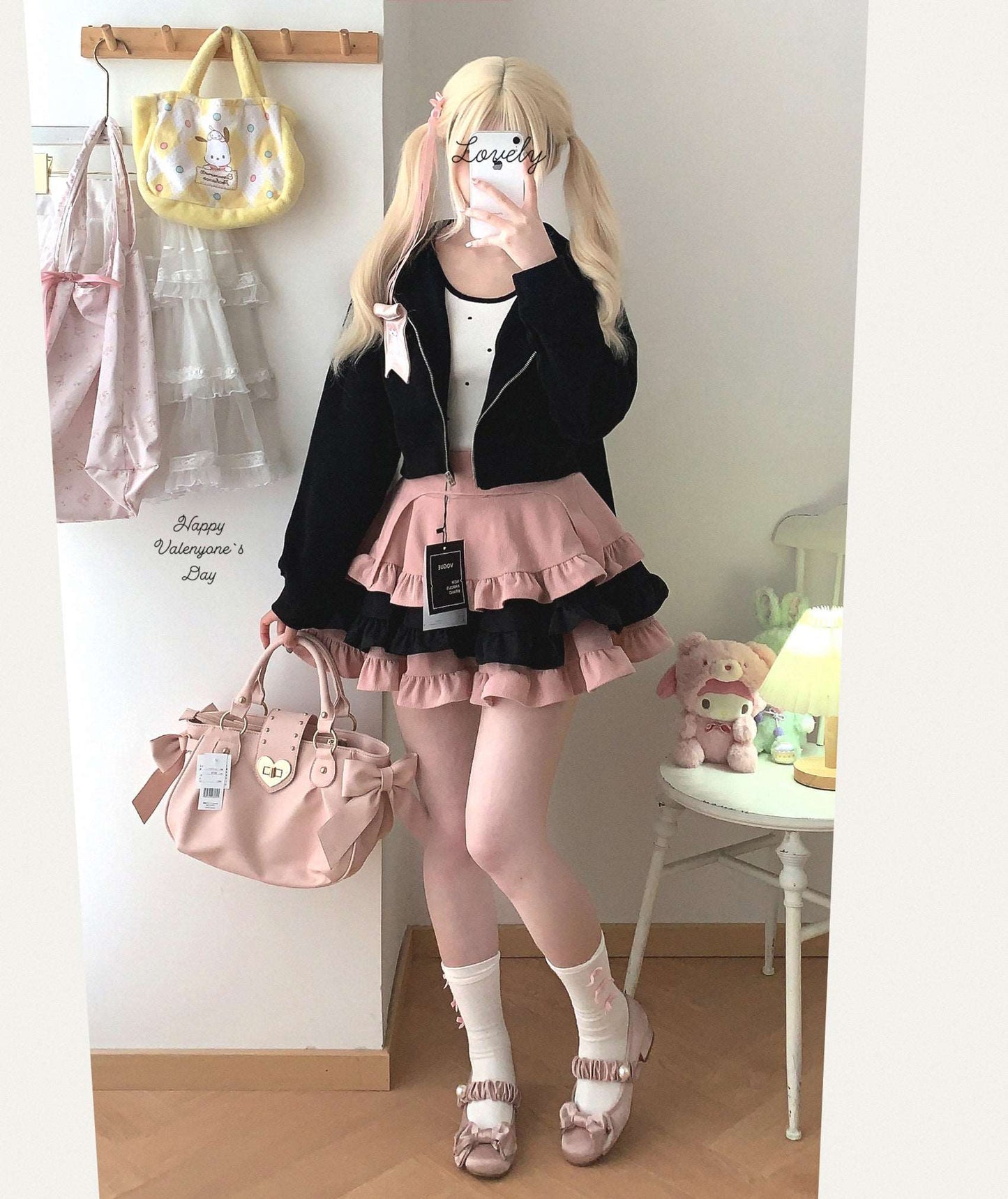 Dormir Doll Lolita Black Pink Cake Corduroy Ruffled Skirt