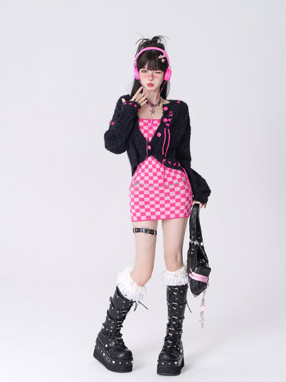 Young Eyes Hot Pink Black White Fall Checkerboard Bodycon Strap Dress & Plush Cardigan Jacket Two Piece Set