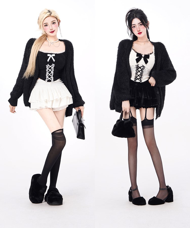 Kiki Coquette Chic Lace Bow Black White Top Shirt